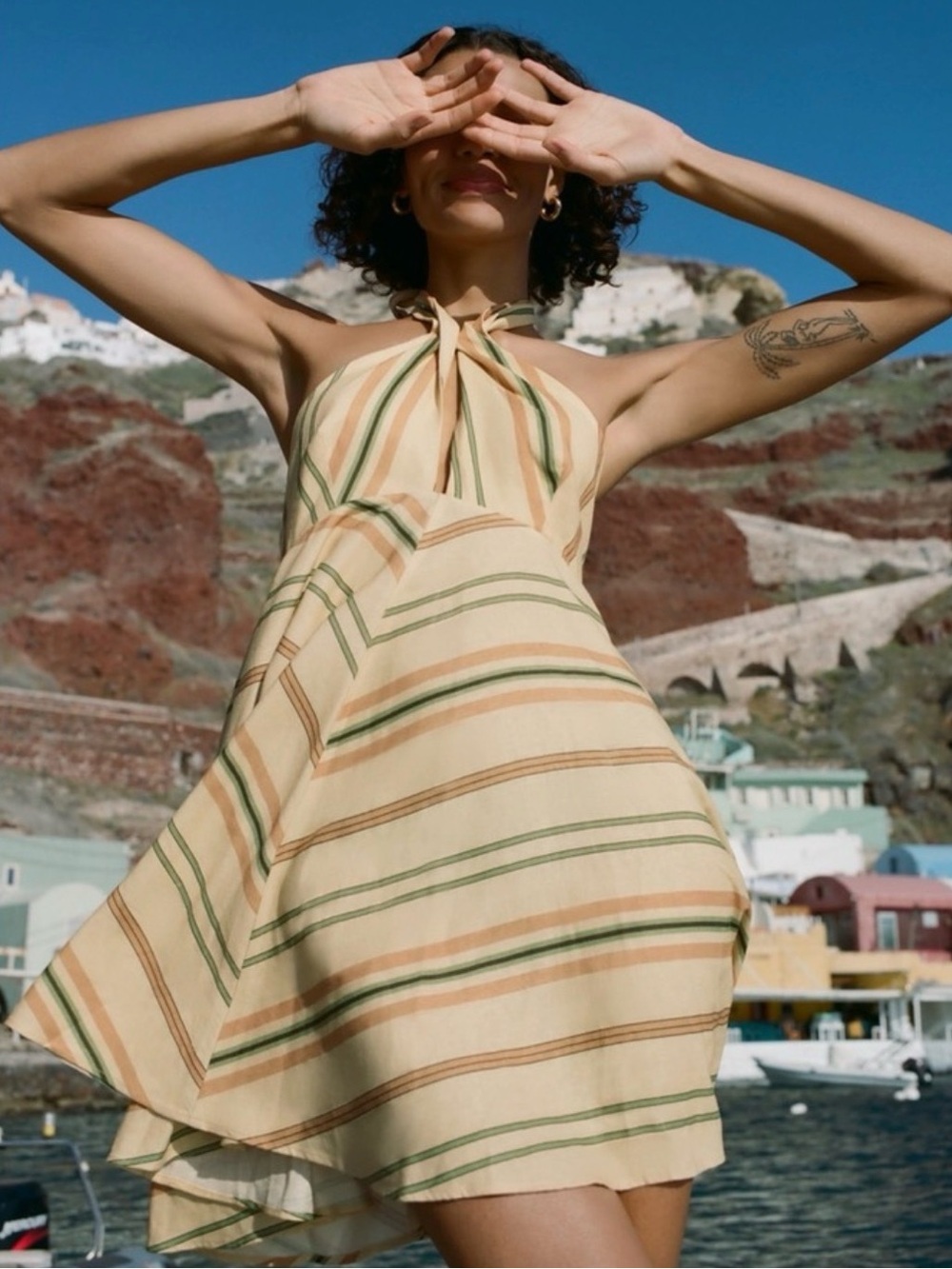 Zara Cream Mini Halter Dress with Green and Brown Stripes
